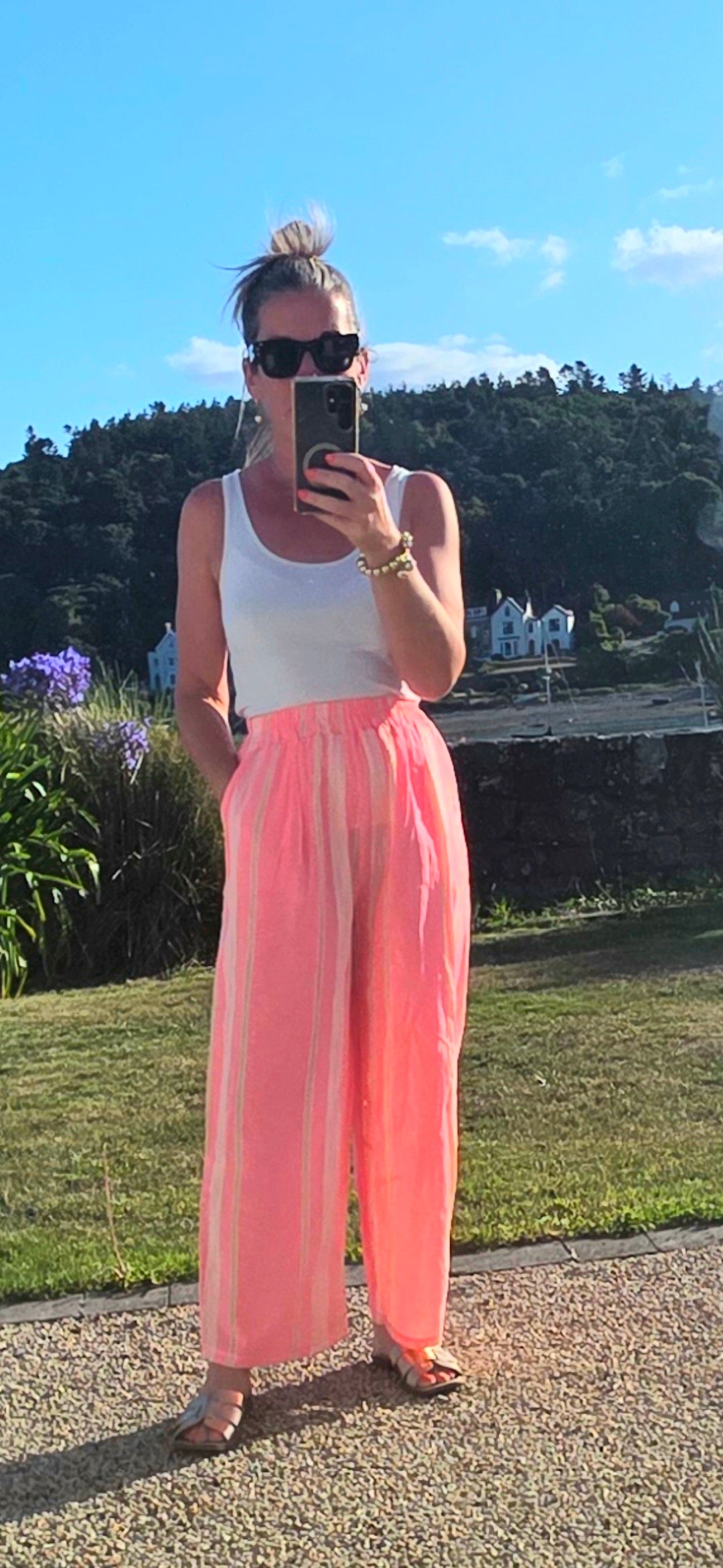 Neon Pink Striped Wide Leg Cotton Blend Pants