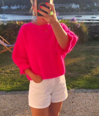 Neon Pink Kid Mohair & Wool Blend Sweater with Flared Cuffs