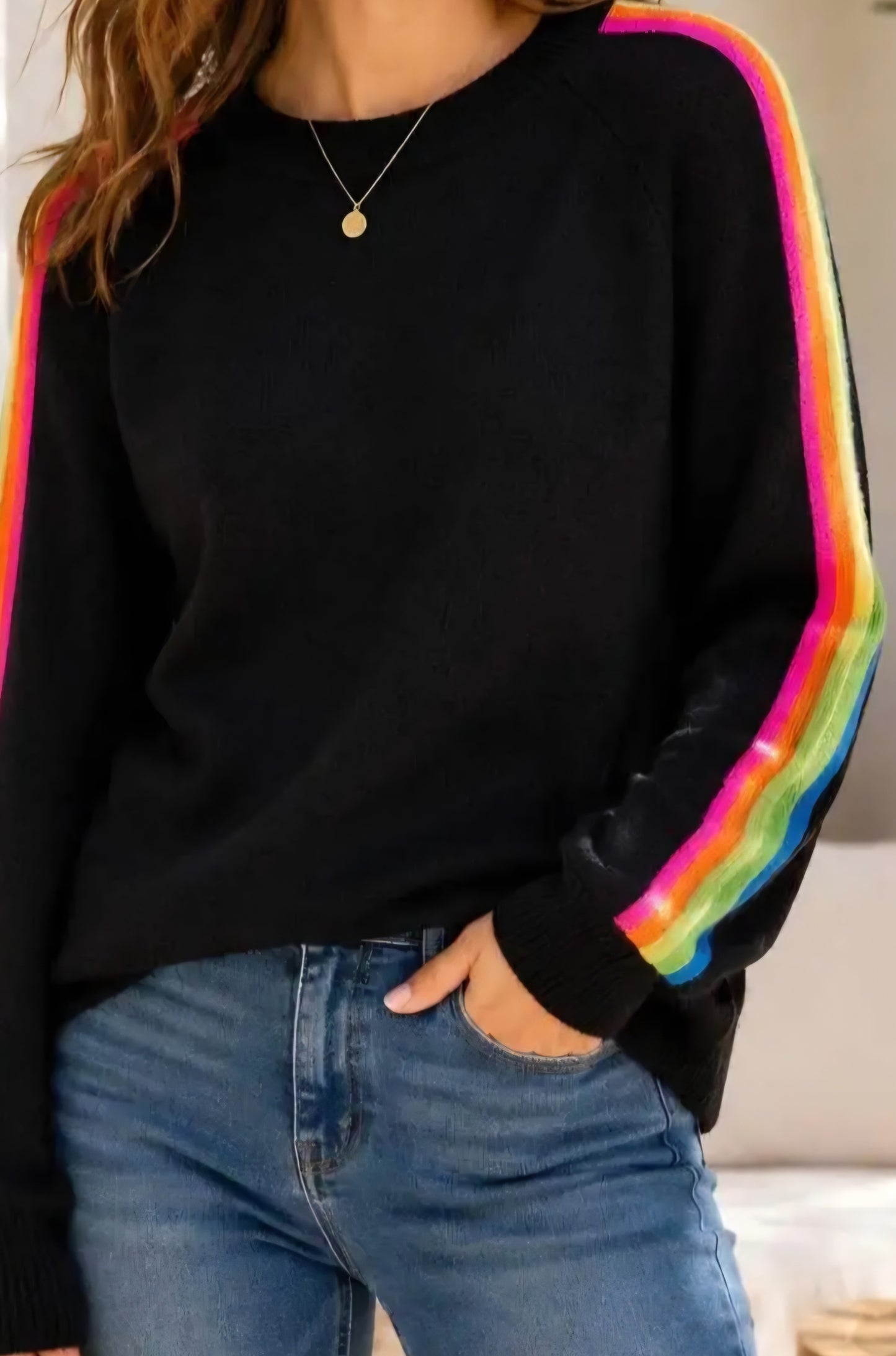 Black Rainbow Side-Stripe Fine Knit Jumper