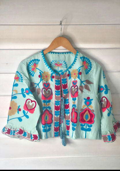 Mint Green Floral Embroidered Pure Cotton Cropped Jacket Top with Ruffled Sleeves
