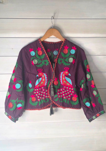 Plum Purple Peacock Embroidered Pure Cotton Cropped Jacket Top