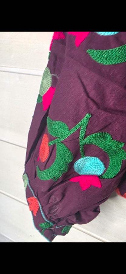 Plum Purple Peacock Embroidered Pure Cotton Cropped Jacket Top