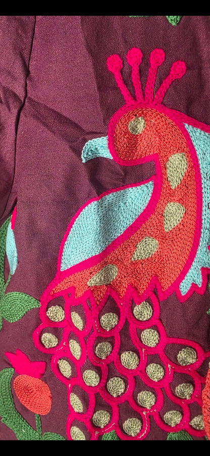 Plum Purple Peacock Embroidered Pure Cotton Cropped Jacket Top