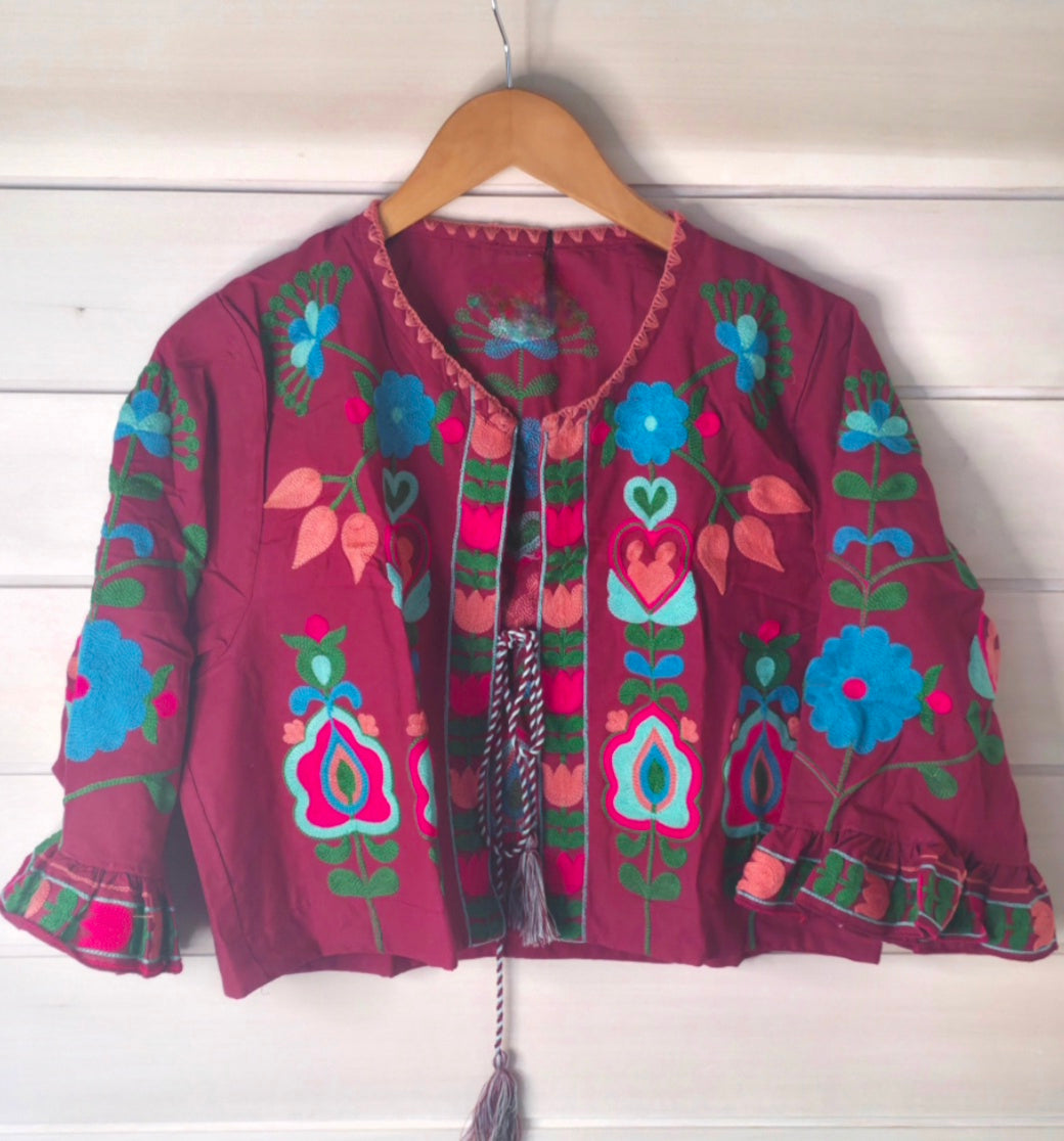 Burgandy Floral Embroidered Pure Cotton Jacket Top with Ruffle Sleeves