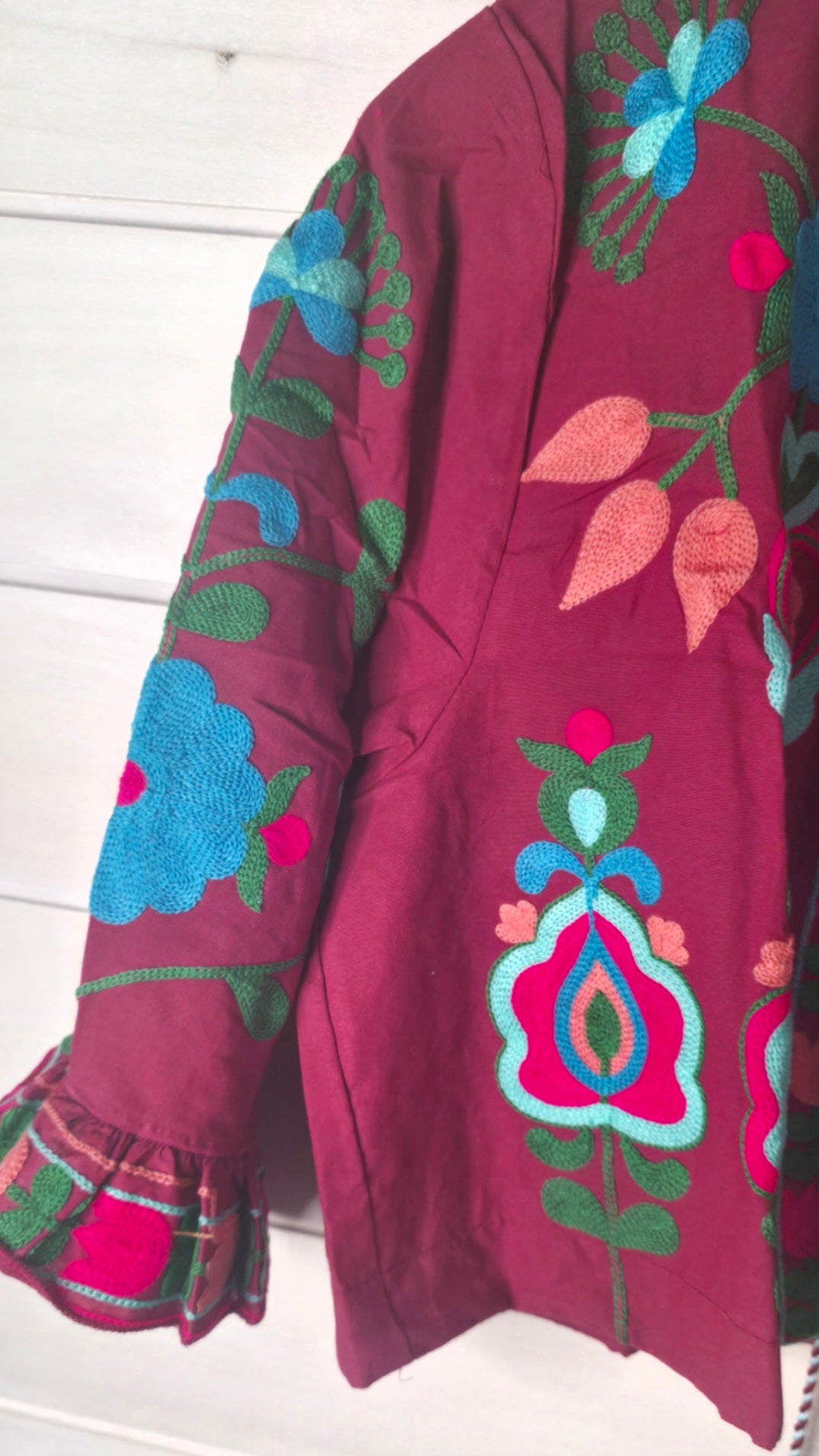 Burgandy Floral Embroidered Pure Cotton Jacket Top with Ruffle Sleeves