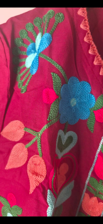 Burgandy Floral Embroidered Pure Cotton Jacket Top with Ruffle Sleeves