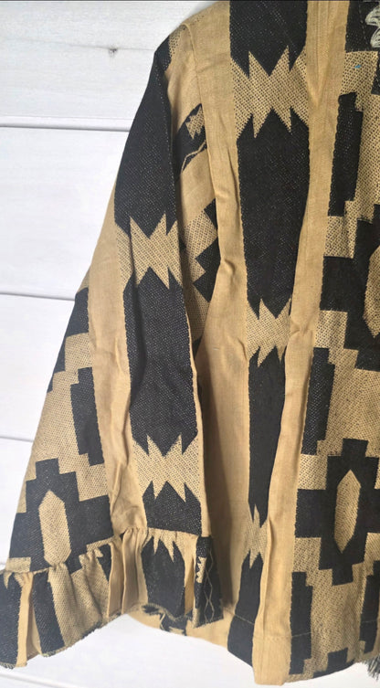 Black & Beige Geometric Woven Pure Cotton Jacket Top with Ruffle Sleeves