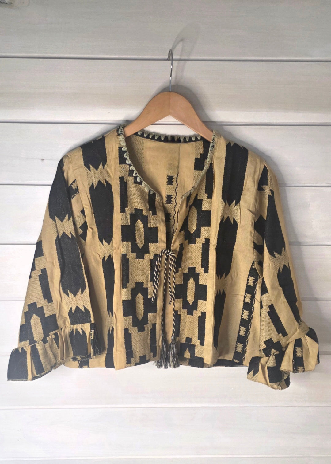 Black & Beige Geometric Woven Pure Cotton Jacket Top with Ruffle Sleeves