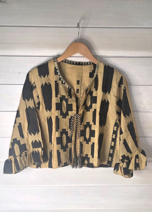 Black & Beige Geometric Woven Pure Cotton Jacket Top with Ruffle Sleeves