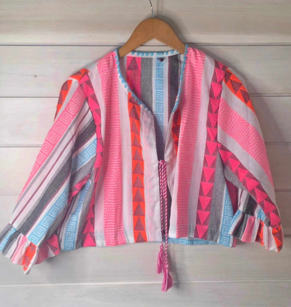 Multicolour Neon Geometric Woven Jacket Top with Ruffle Sleeves