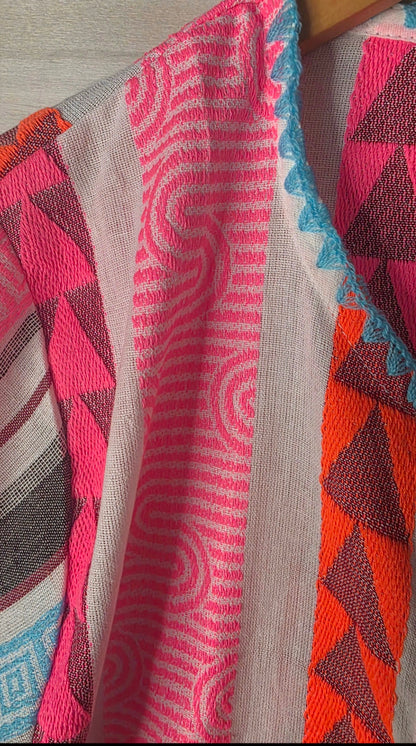 Multicolour Neon Geometric Woven Jacket Top with Ruffle Sleeves