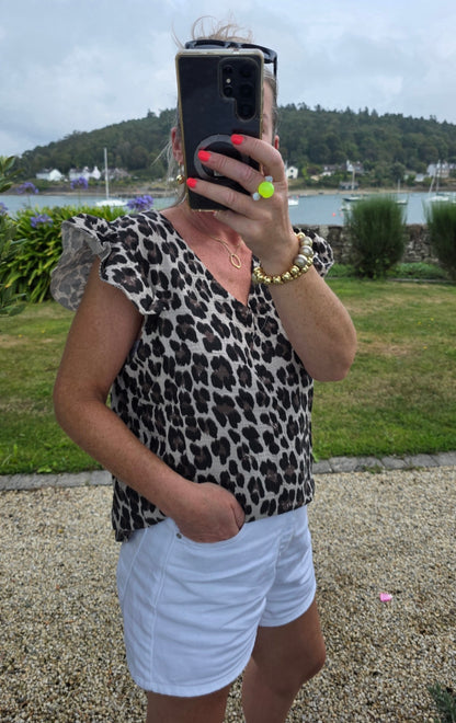 Leopard Print Cotton Gauze Flutter Sleeve Top