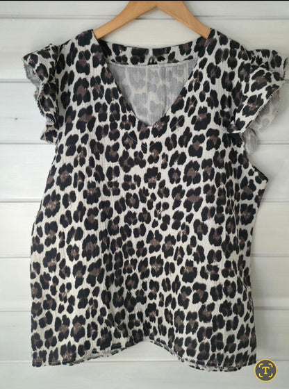 Leopard Print Cotton Gauze Flutter Sleeve Top