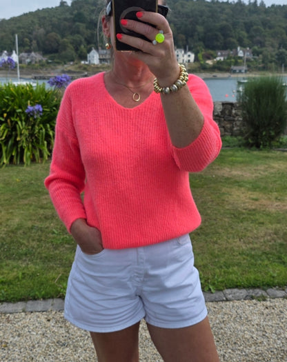 Neon Coral Baby Alpaca Mix V-Neck Ribbed Jumper