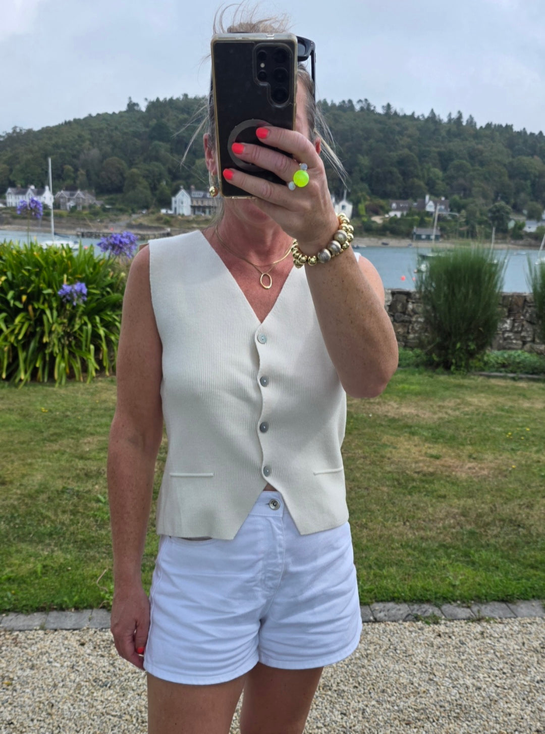 Ultra-soft Textured Waistcoat Knit Top in Cream