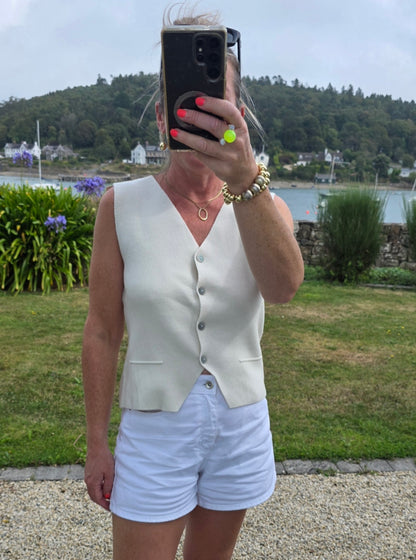 Ultra-soft Textured Waistcoat Knit Top in Cream