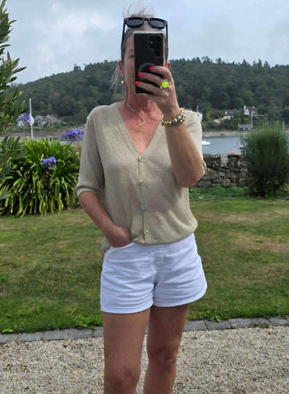 Beige Gold Lame Short Sleeve Cardigan
