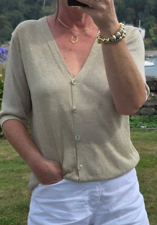 Beige Gold Lame Short Sleeve Cardigan