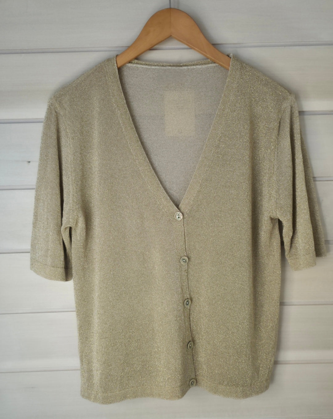 Beige Gold Lame Short Sleeve Cardigan