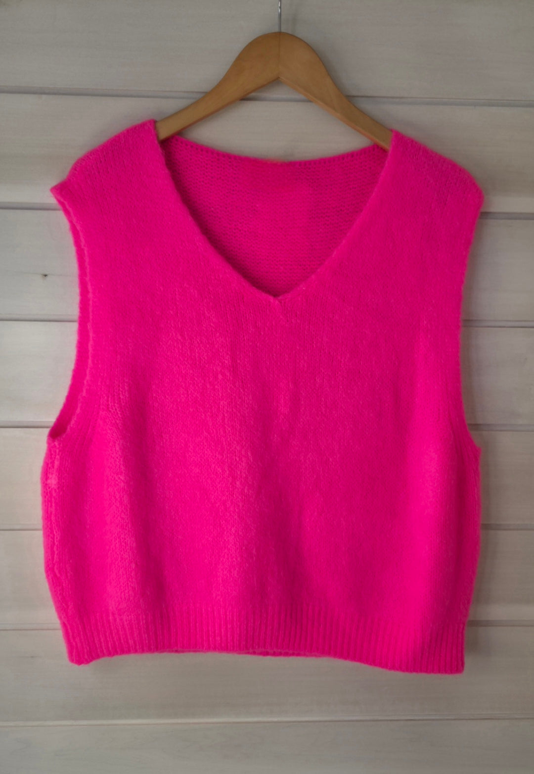 Neon Pink Kid Mohair & Wool Blend V-Neck Tank