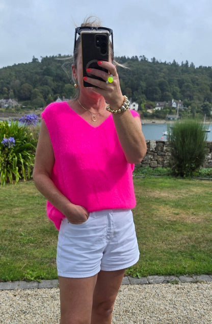 Neon Pink Kid Mohair & Wool Blend V-Neck Tank