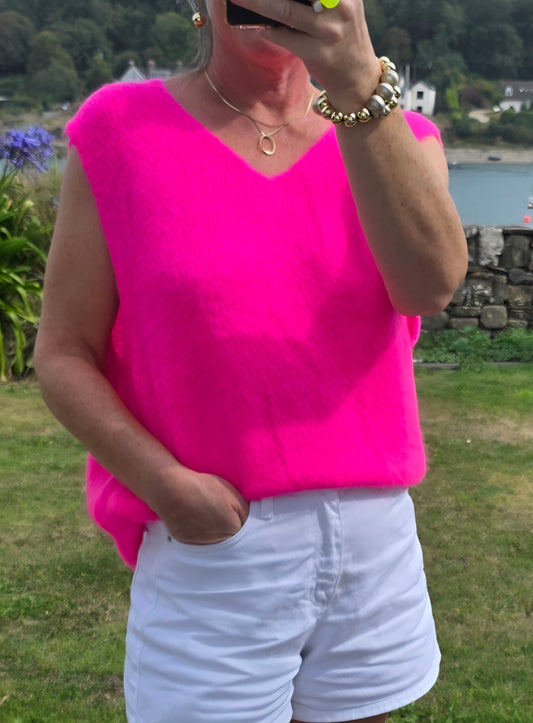 Neon Pink Kid Mohair & Wool Blend V-Neck Tank