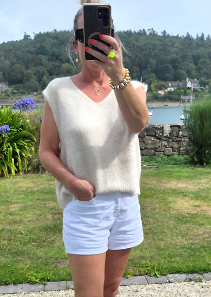 Oatmeal Beige Kid Mohair Blend V-Neck Tank