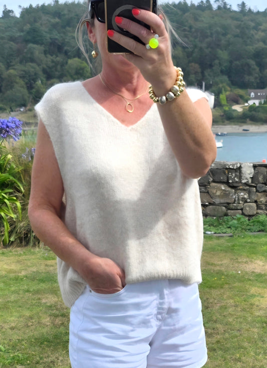 Oatmeal Beige Kid Mohair Blend V-Neck Tank