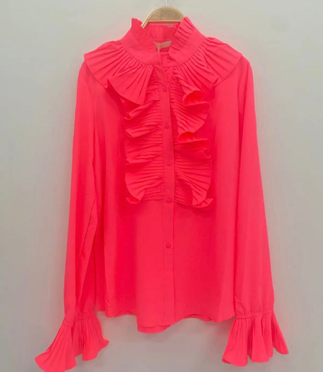 Neon Pink Pleated Ruffle Shirt