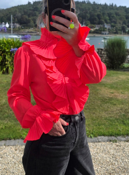 Neon Pink Pleated Ruffle Shirt