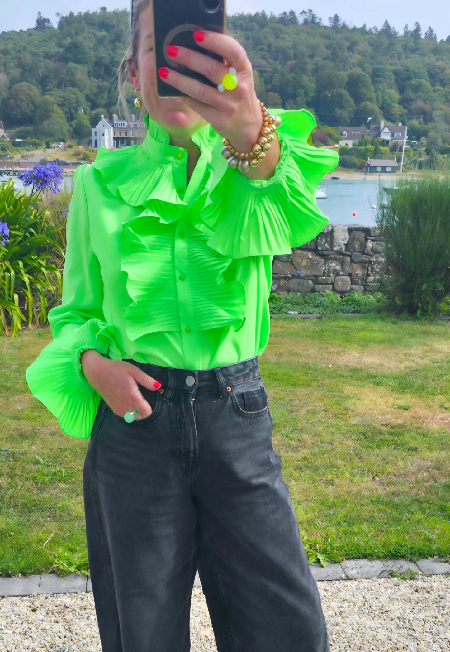 Neon Green Pleated Ruffle Shirt