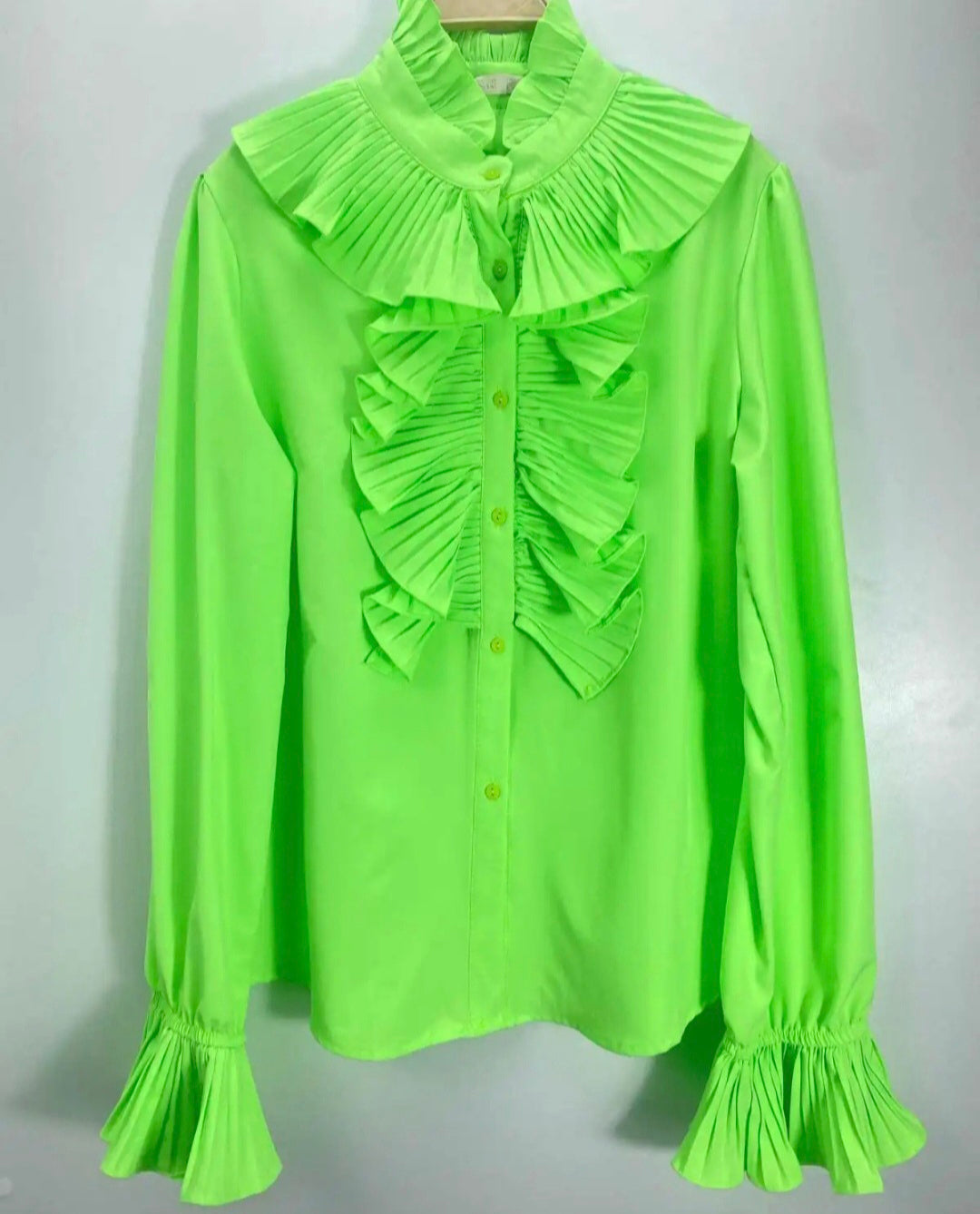 Neon Green Pleated Ruffle Shirt