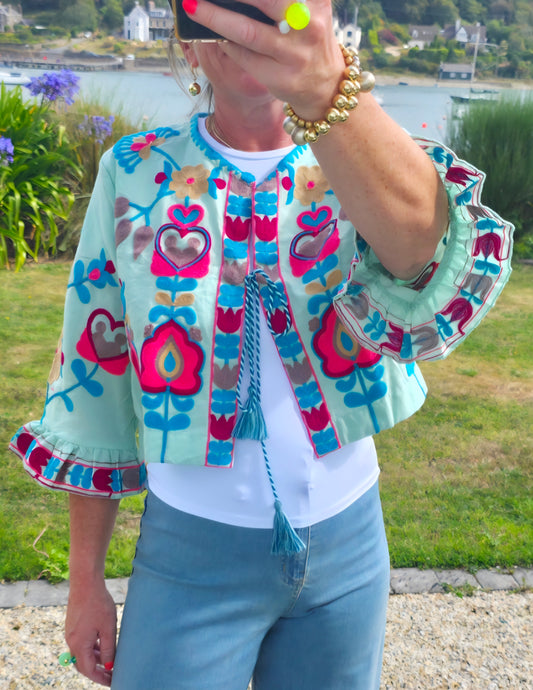 Mint Green Floral Embroidered Pure Cotton Cropped Jacket Top with Ruffled Sleeves