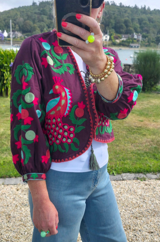 Plum Purple Peacock Embroidered Pure Cotton Cropped Jacket Top