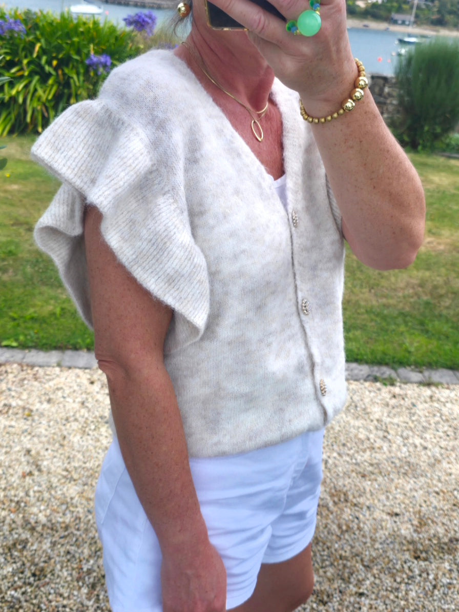 Ruffled Short Sleeve Knit Cardigan in Oatmeal Beige