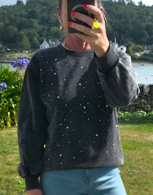 Celestial Embellished Acid Wash Sweatshirt - Washed Charcoal