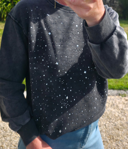Celestial Embellished Acid Wash Sweatshirt - Washed Charcoal