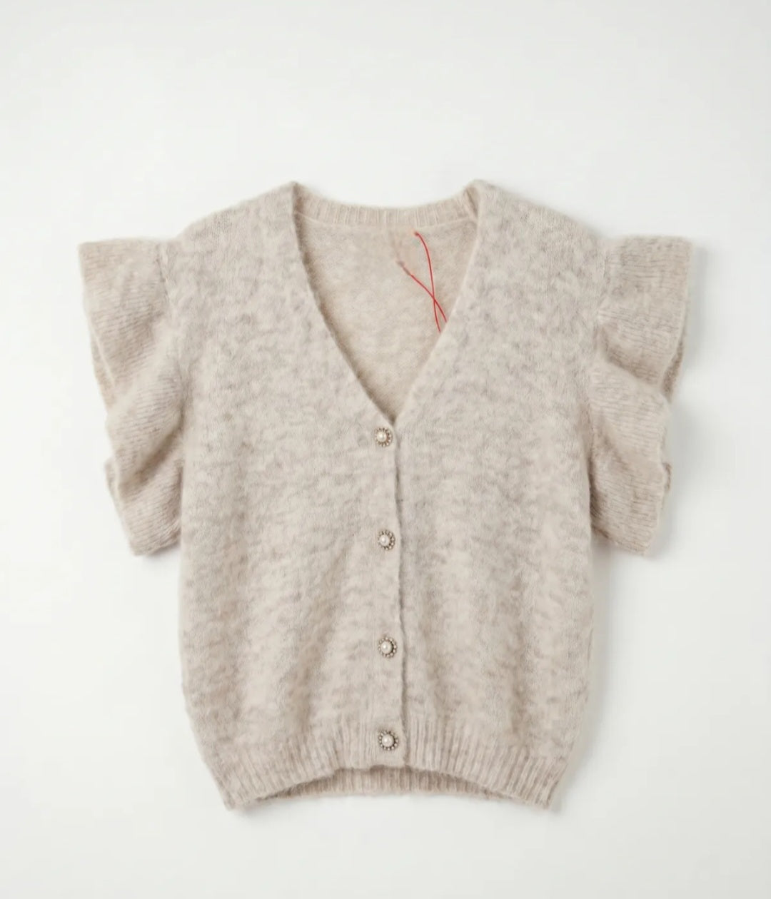 Ruffled Short Sleeve Knit Cardigan in Oatmeal Beige