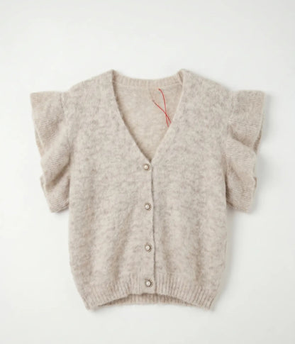 Ruffled Short Sleeve Knit Cardigan in Oatmeal Beige