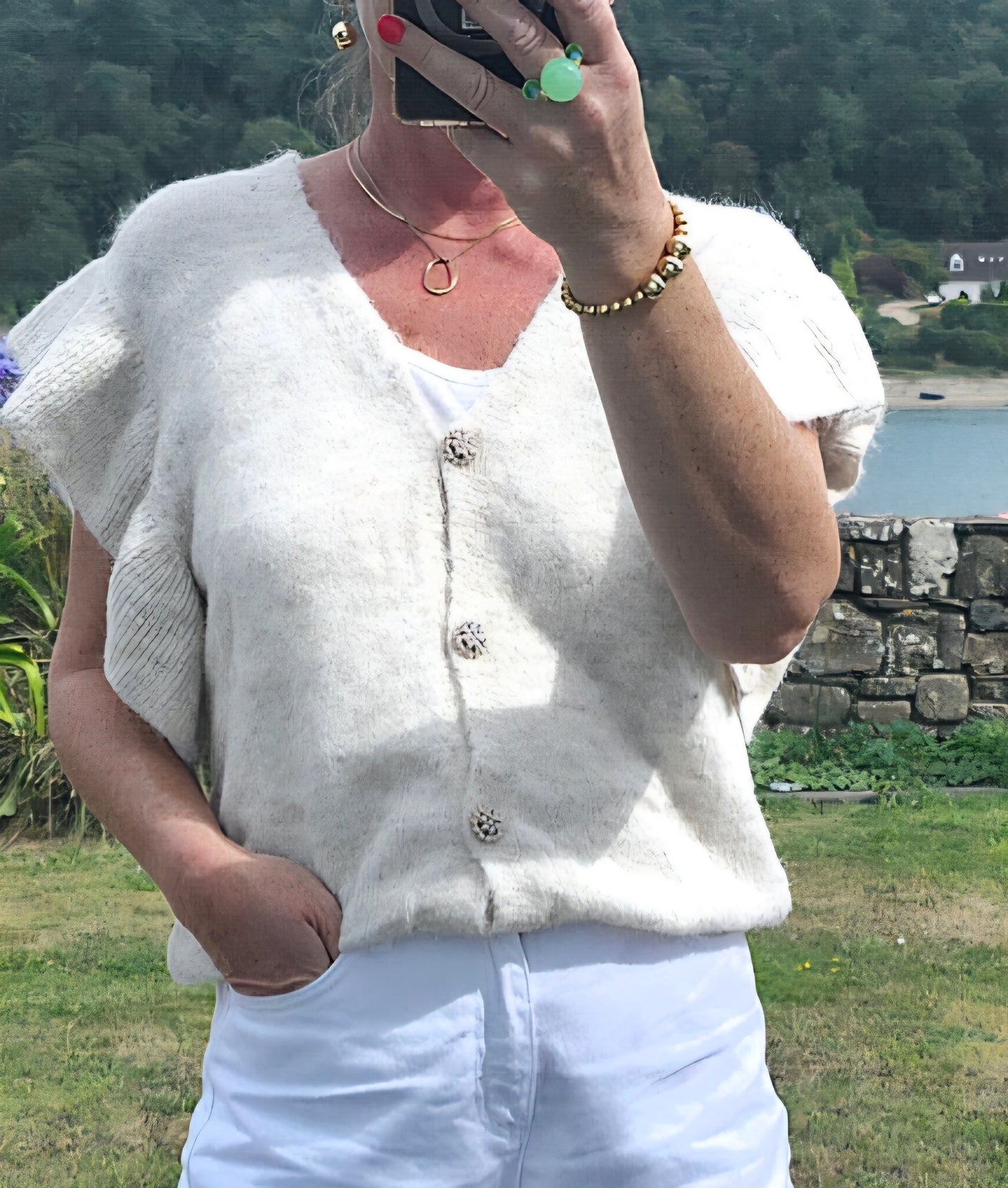 Ruffled Short Sleeve Knit Cardigan in Oatmeal Beige