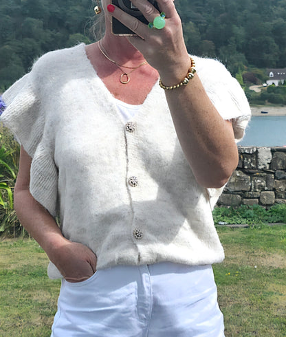 Ruffled Short Sleeve Knit Cardigan in Oatmeal Beige