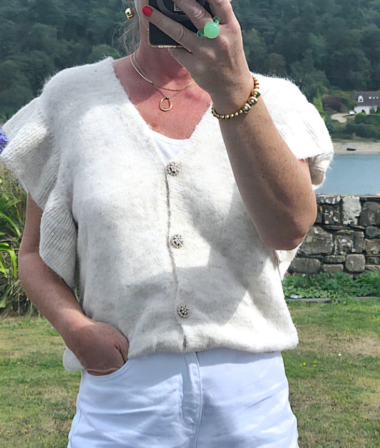 Ruffled Short Sleeve Knit Cardigan in Oatmeal Beige