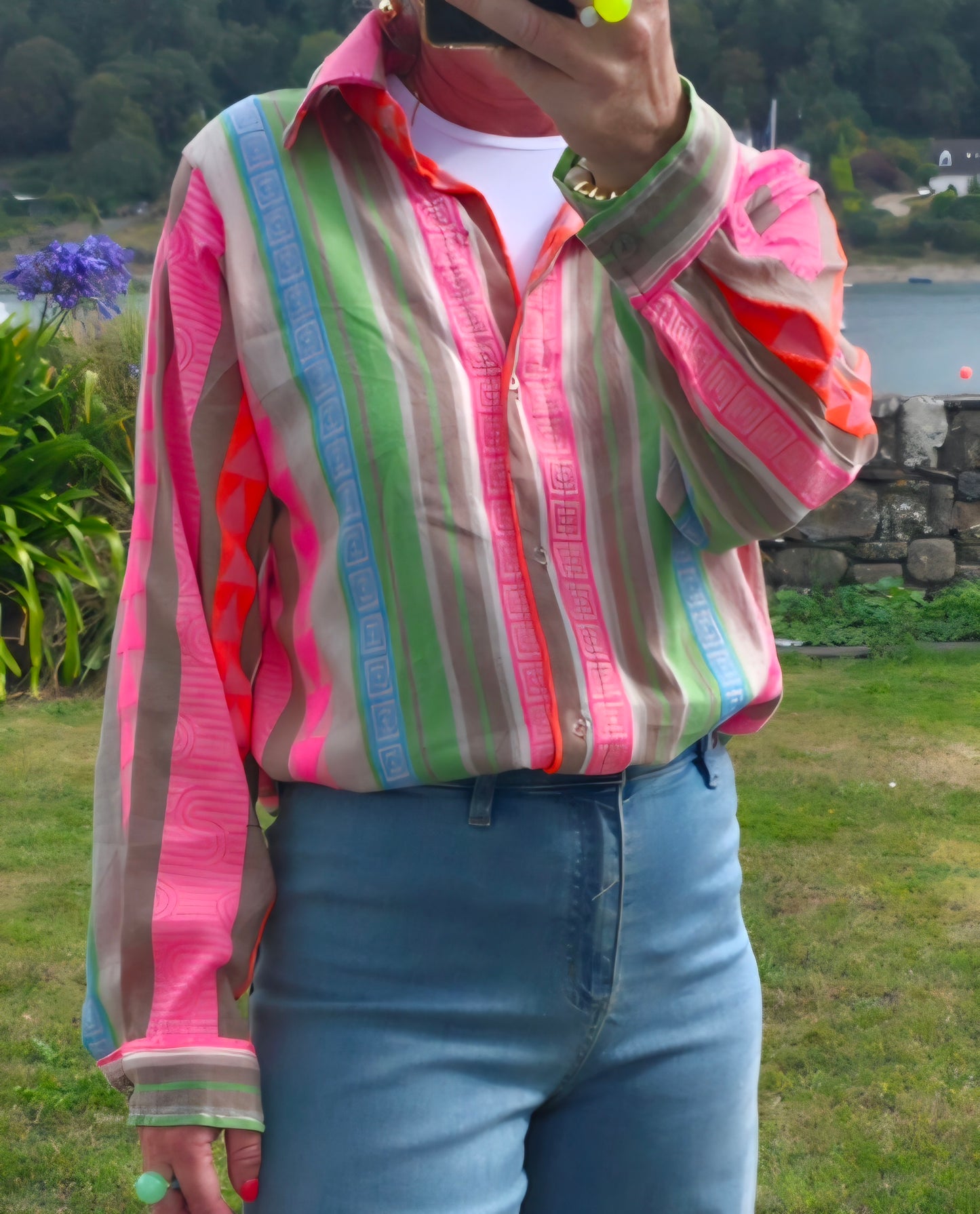 Neon Geo Stripe Cotton Button-Down Shirt