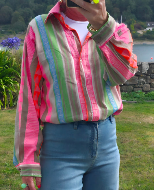 Neon Geo Stripe Cotton Button-Down Shirt
