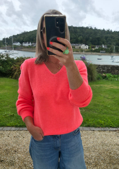 Neon Coral Superfine Alpaca & Wool Blend V Neck Jumper