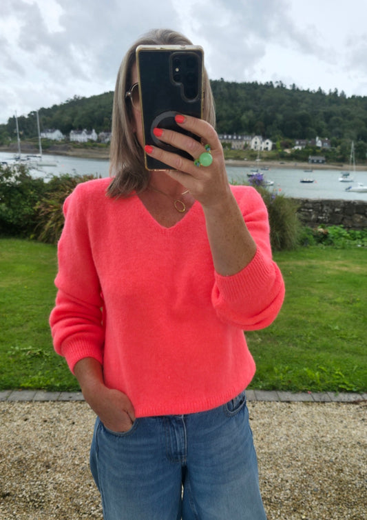 Neon Coral Superfine Alpaca & Wool Blend V Neck Jumper