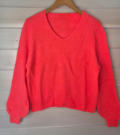 Neon Coral Superfine Alpaca & Wool Blend V Neck Jumper