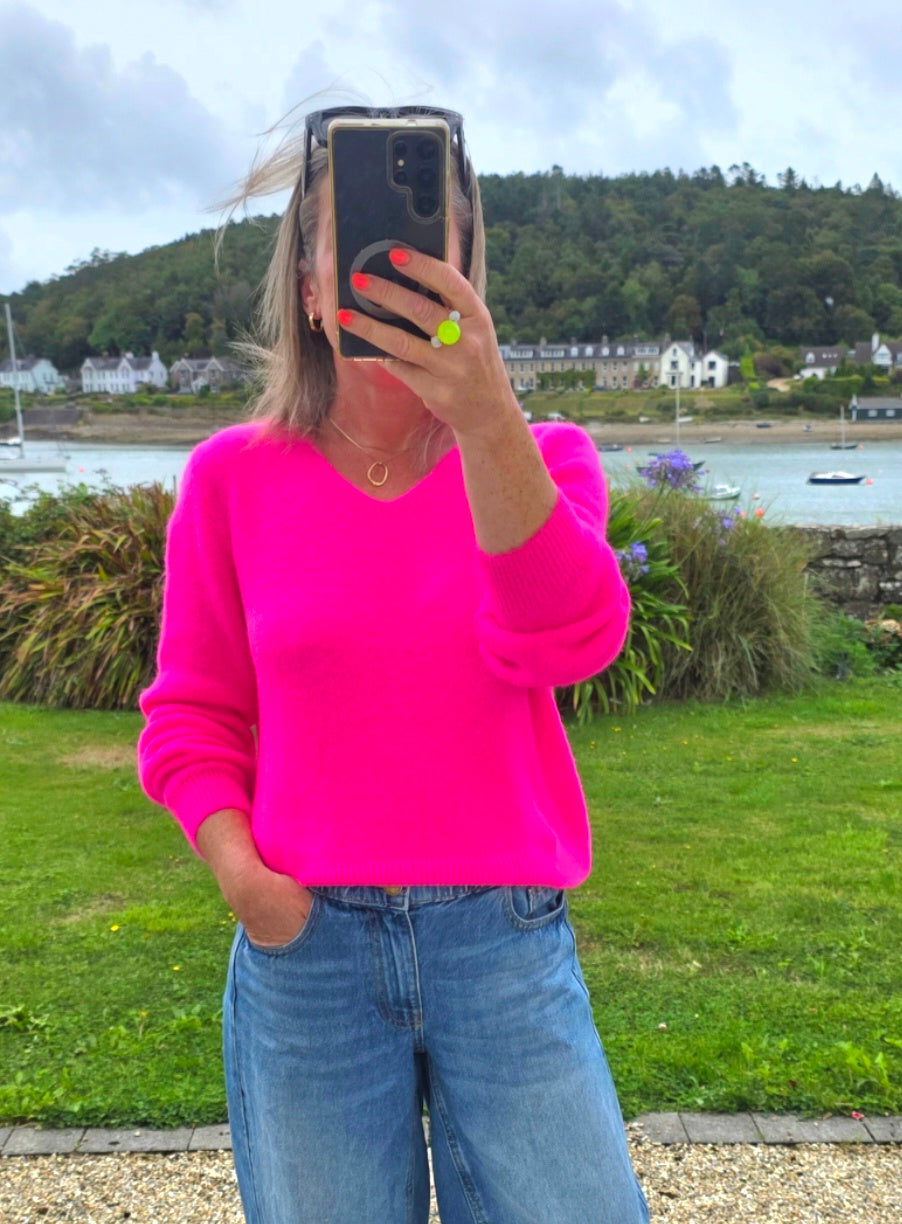 Neon Pink Superfine Alpaca & Wool Blend V Neck Jumper