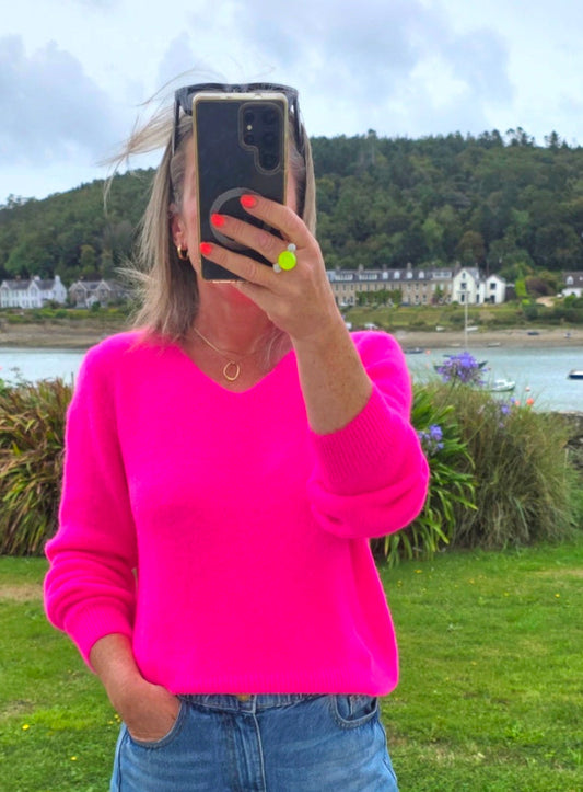 Neon Pink Superfine Alpaca & Wool Blend V Neck Jumper