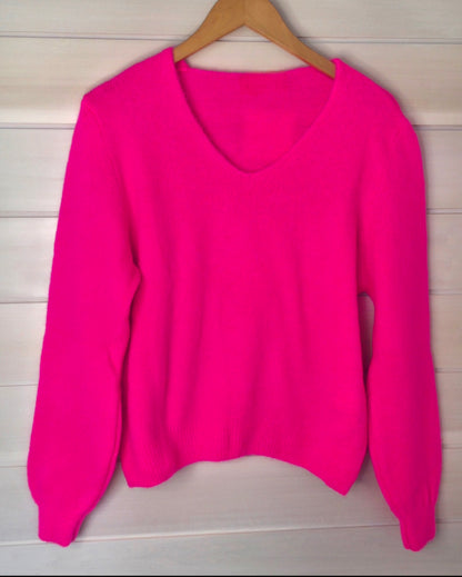 Neon Pink Superfine Alpaca & Wool Blend V Neck Jumper